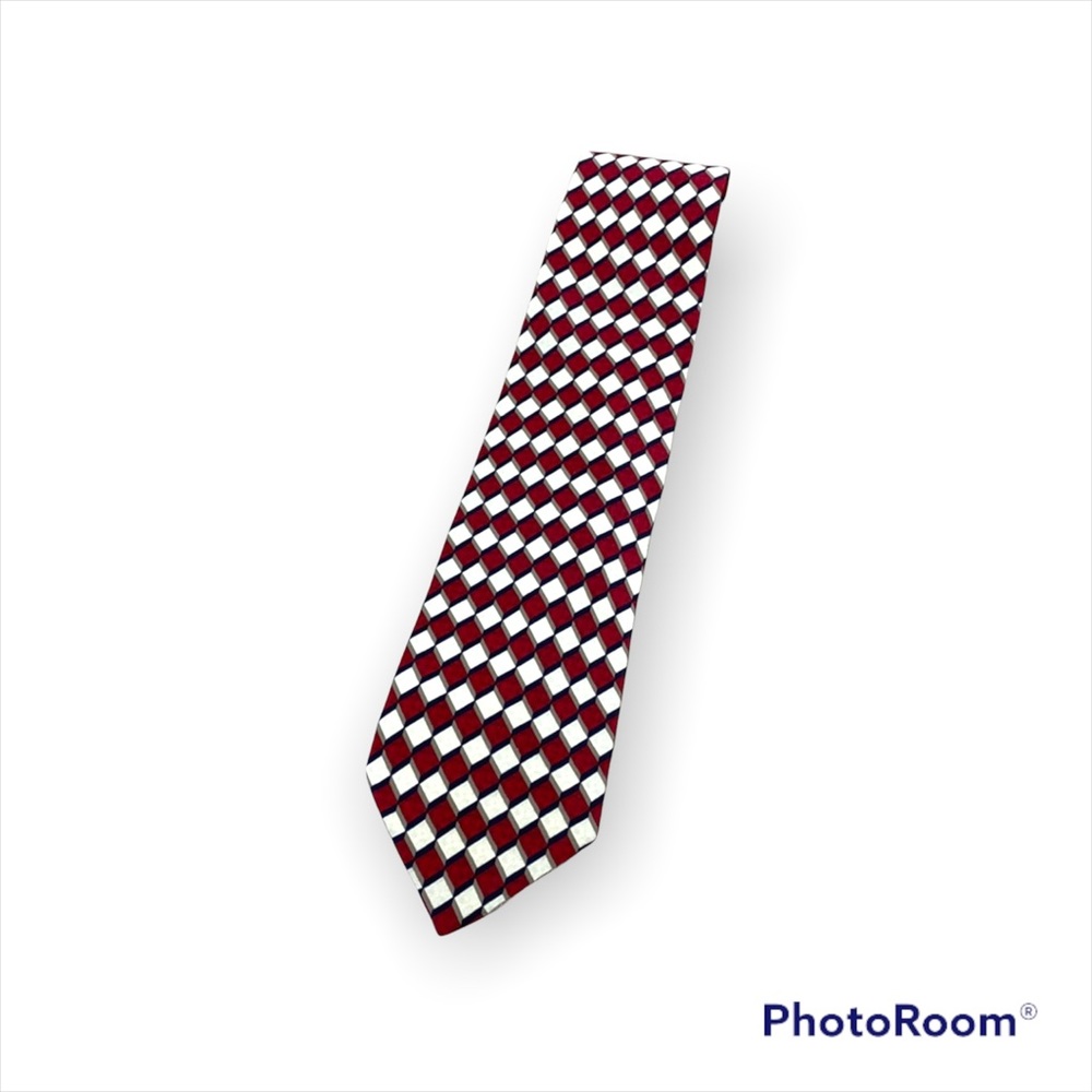 Valentino Vintage Hand Made Silk Tie Burgundy Cream Checkerboard